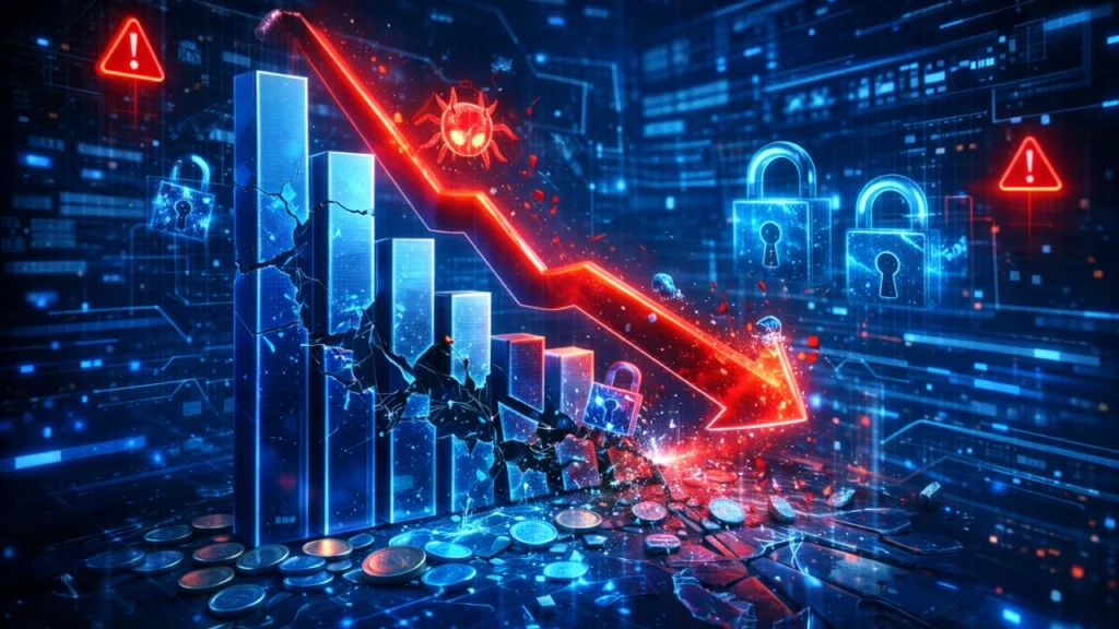 Escudo digital protegendo fluxo financeiro contra ameaças cibernéticas, simbolizando mitigação de risco financeiro de segurança da informação.