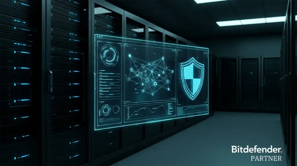 Painel digital holográfico mostrando o bloqueio de ameaças virtuais e visibilidade de rede em um servidor protegido pela plataforma Bitdefender GravityZone.