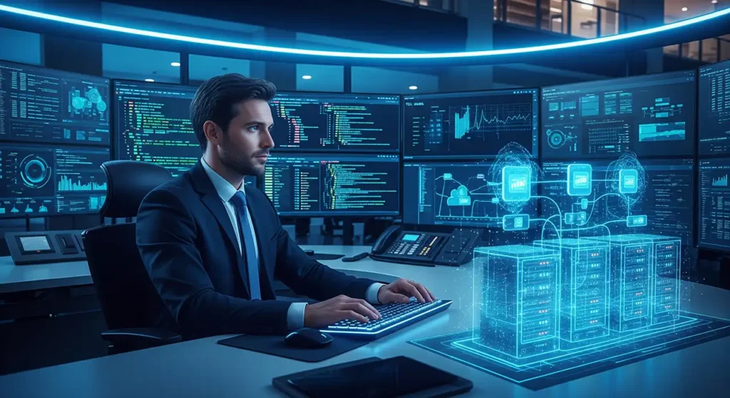 Consultor especializado em consultoria de banco de dados analisando performance e segurança de dados em um ambiente corporativo moderno.